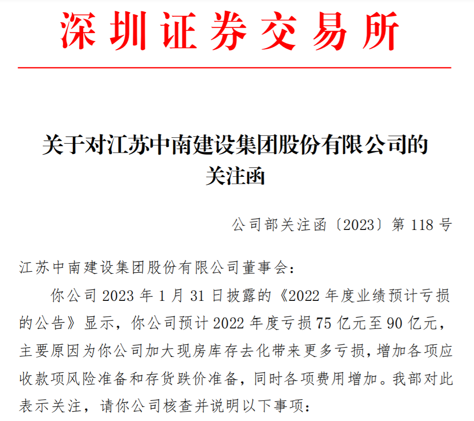 中南建设收深交所关注函，要求说明2022年预计存货跌价准备计提情况等