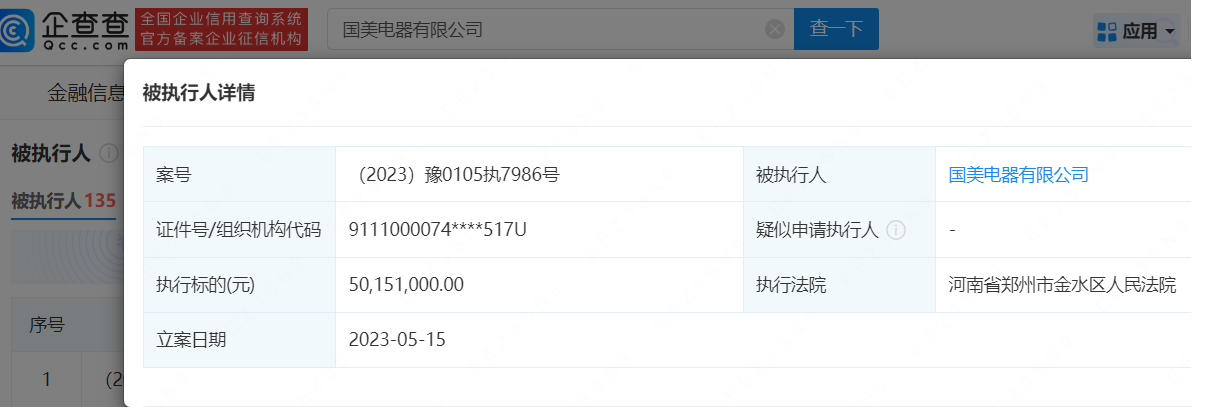      国美电器再被执行5015万，被执行总金额累计超6亿     