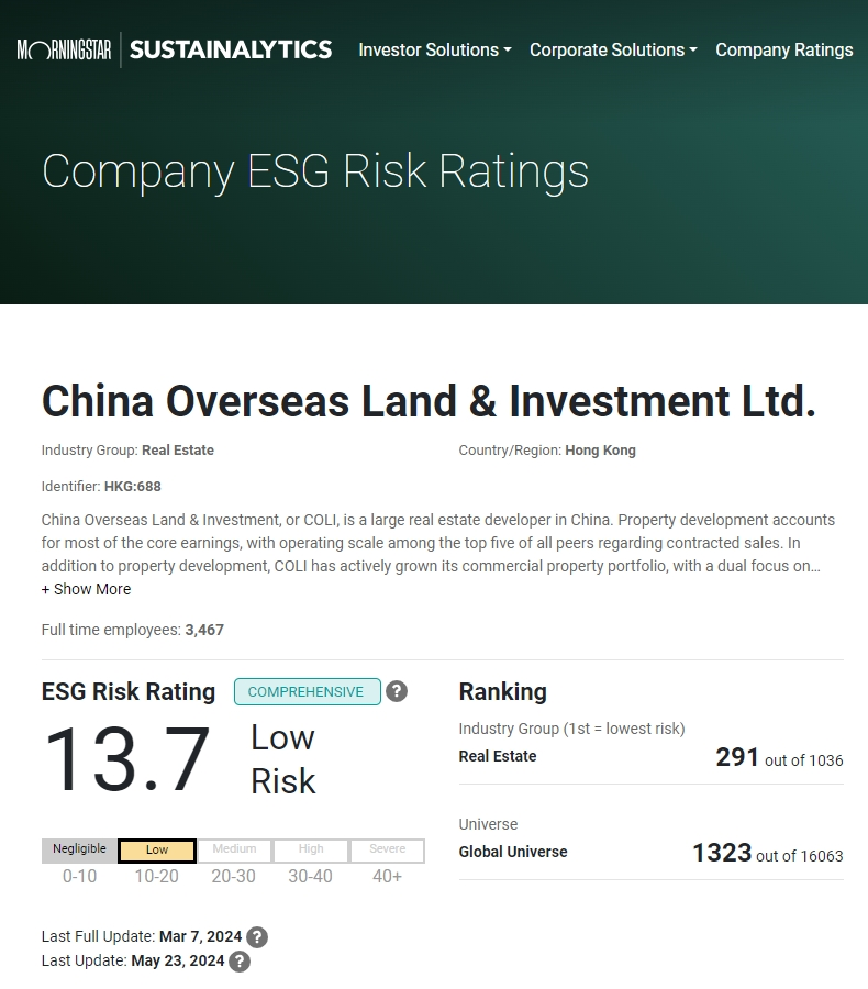 全球前10%！中海获晨星Sustainalytics ESG“低风险”评级